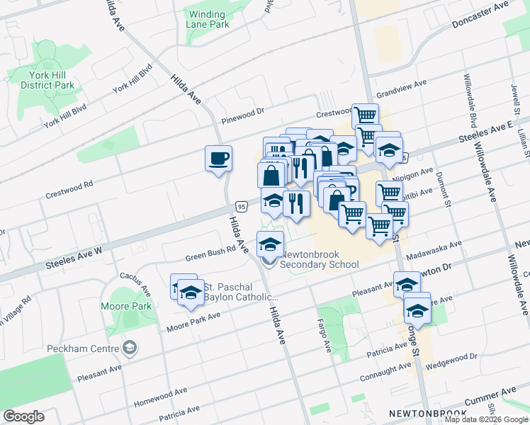 map of restaurants, bars, coffee shops, grocery stores, and more near 10 Tangreen Court in Toronto