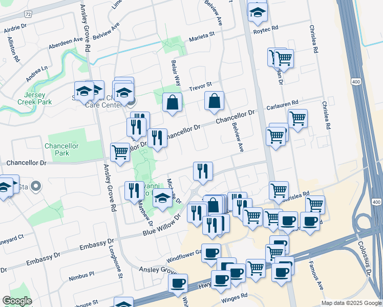 map of restaurants, bars, coffee shops, grocery stores, and more near 41 Michelle Drive in Vaughan