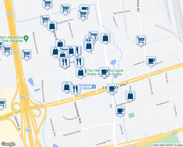 map of restaurants, bars, coffee shops, grocery stores, and more near 200 Apple Mill Road in Vaughan