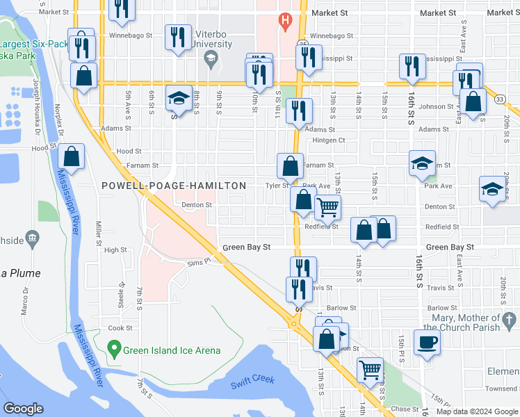 map of restaurants, bars, coffee shops, grocery stores, and more near 1617 10th Street in La Crosse