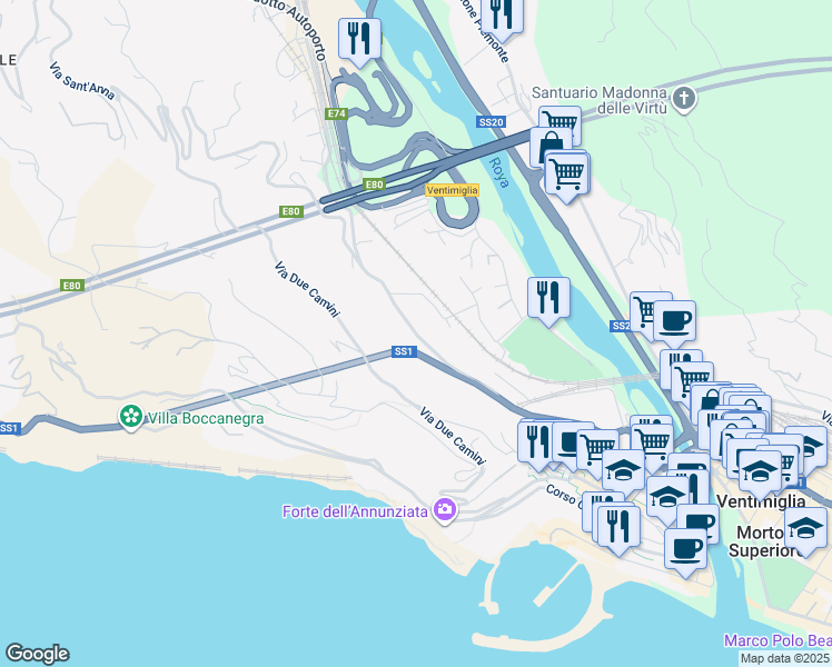 map of restaurants, bars, coffee shops, grocery stores, and more near 3a Via Gallardi in Ventimiglia