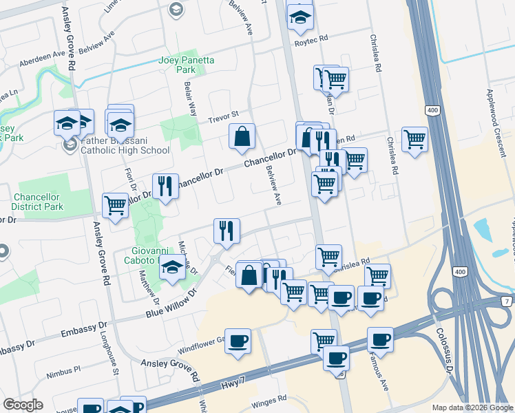 map of restaurants, bars, coffee shops, grocery stores, and more near 78 Coalbrook Court in Vaughan