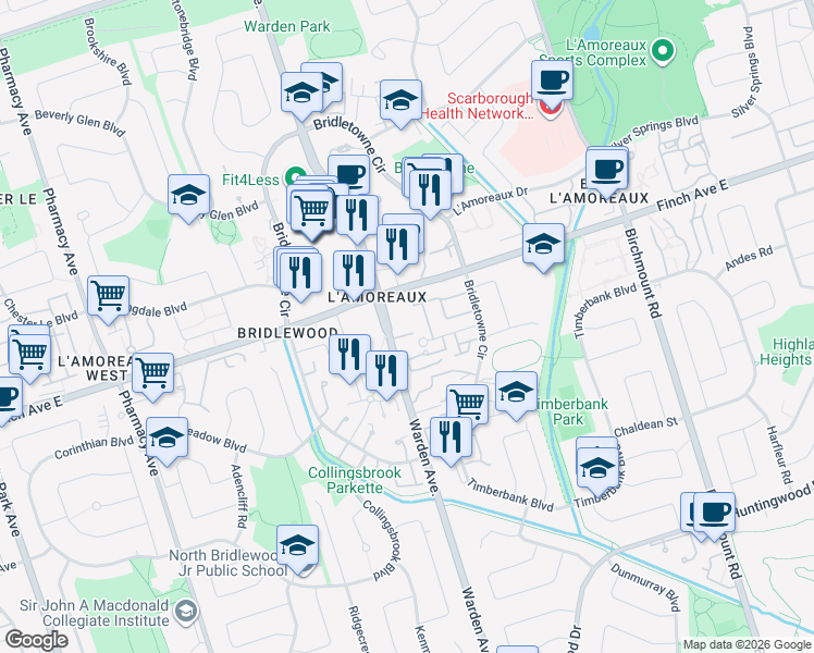 map of restaurants, bars, coffee shops, grocery stores, and more near 20 Stonehill Court in Toronto