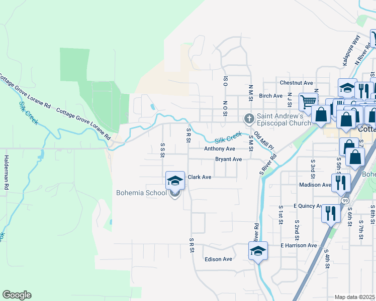 map of restaurants, bars, coffee shops, grocery stores, and more near 120 South R Street in Cottage Grove