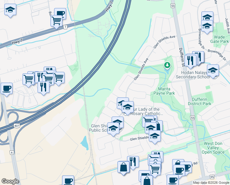 map of restaurants, bars, coffee shops, grocery stores, and more near 35 Laurel Valley Court in Vaughan