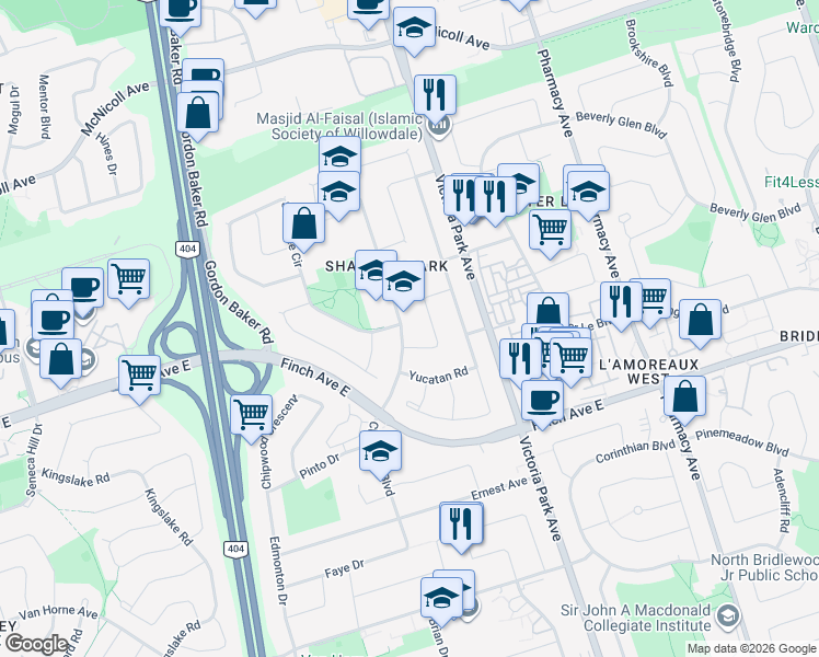 map of restaurants, bars, coffee shops, grocery stores, and more near 257 Cherokee Boulevard in Toronto