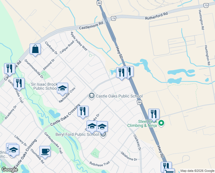 map of restaurants, bars, coffee shops, grocery stores, and more near 55 Denali Crescent in Brampton
