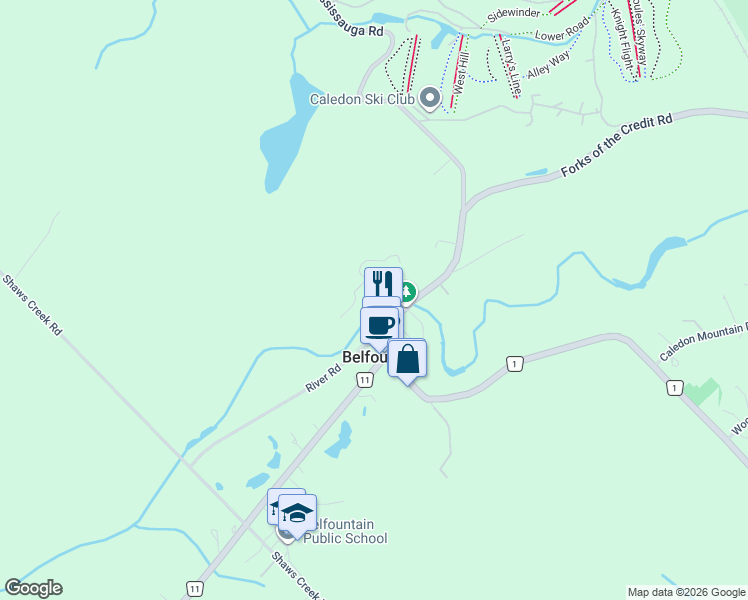 map of restaurants, bars, coffee shops, grocery stores, and more near 34 King Street South in Belfountain