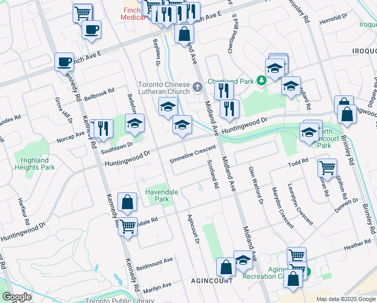 map of restaurants, bars, coffee shops, grocery stores, and more near 1 Kittery Boulevard in Toronto