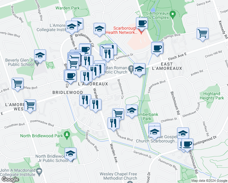 map of restaurants, bars, coffee shops, grocery stores, and more near 66 Stonehill Court in Toronto