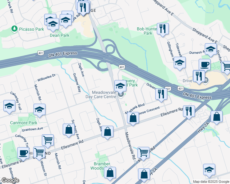 map of restaurants, bars, coffee shops, grocery stores, and more near Meadowvale Road & Euclid Avenue in Toronto