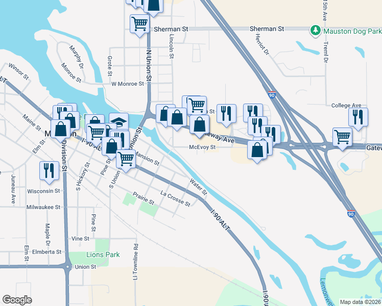 map of restaurants, bars, coffee shops, grocery stores, and more near 516 McEvoy Street in Mauston