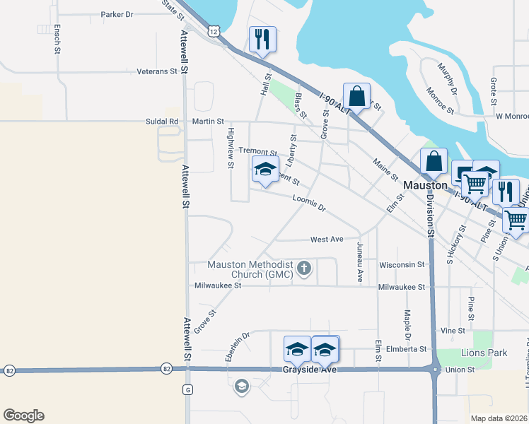 map of restaurants, bars, coffee shops, grocery stores, and more near 627 Grove Street in Mauston
