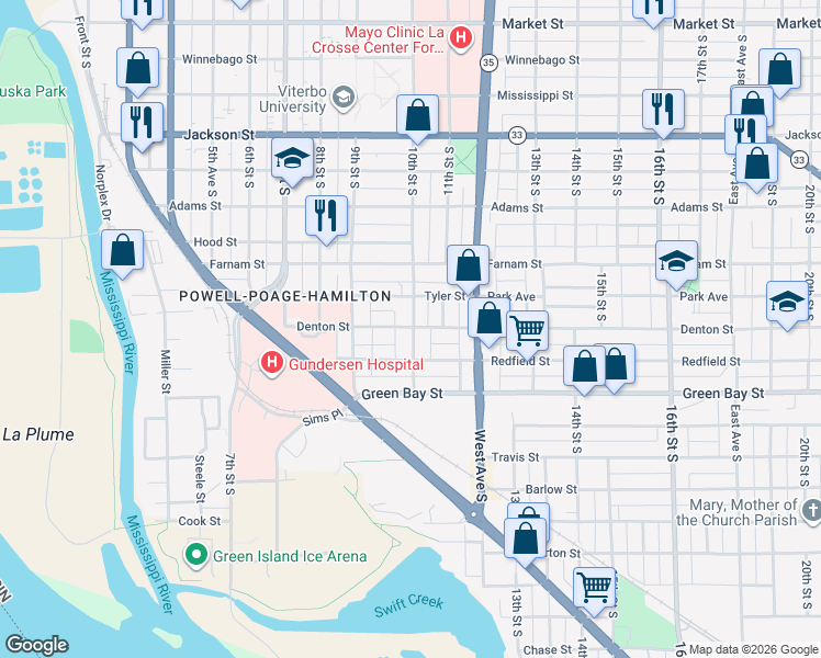 map of restaurants, bars, coffee shops, grocery stores, and more near 1617 10th Street in La Crosse