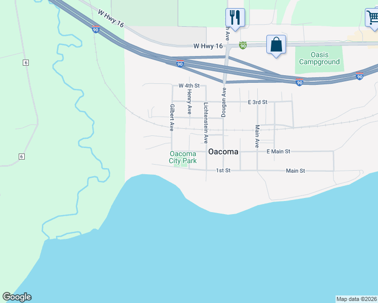 map of restaurants, bars, coffee shops, grocery stores, and more near 101 South Henry Avenue in Oacoma