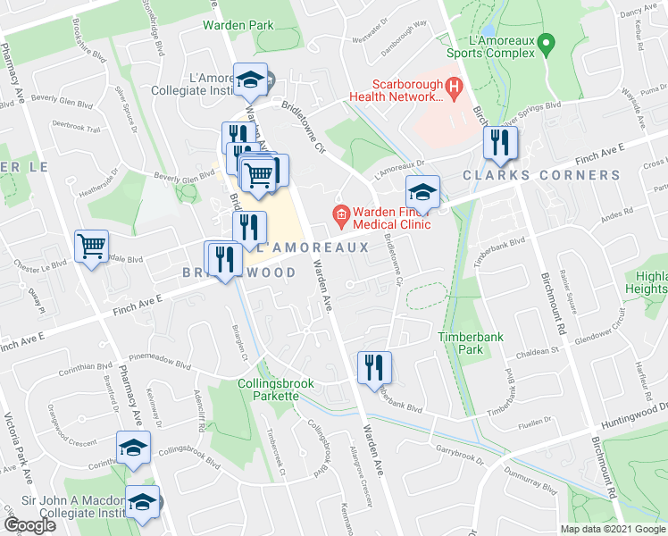 map of restaurants, bars, coffee shops, grocery stores, and more near 20 Stonehill Court in Toronto