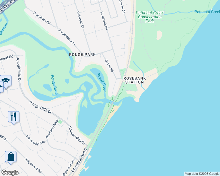 map of restaurants, bars, coffee shops, grocery stores, and more near 322 Dyson Road in Pickering
