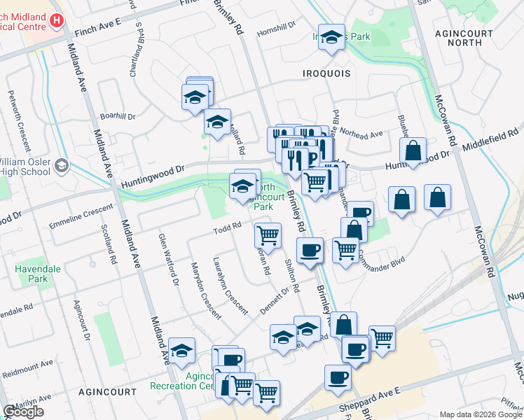 map of restaurants, bars, coffee shops, grocery stores, and more near in Toronto