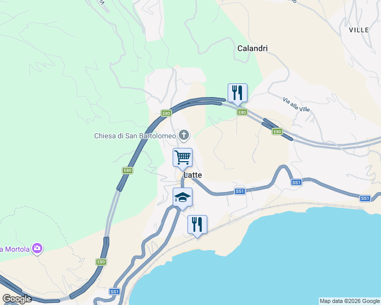 map of restaurants, bars, coffee shops, grocery stores, and more near 22/A Via Anacleto Hughes in Latte