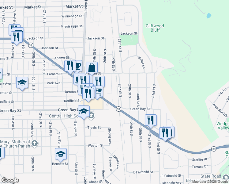 map of restaurants, bars, coffee shops, grocery stores, and more near 1437 27th Street South in La Crosse