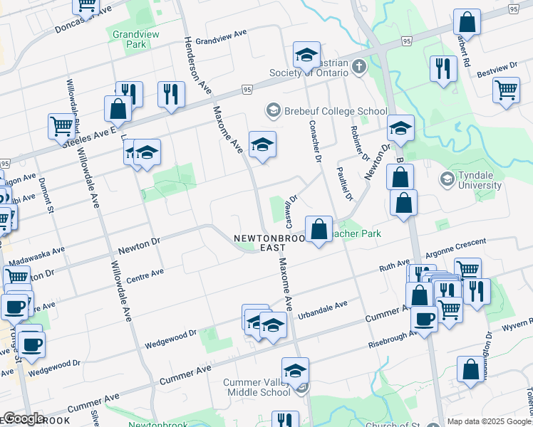 map of restaurants, bars, coffee shops, grocery stores, and more near 191 Maxome Avenue in Toronto