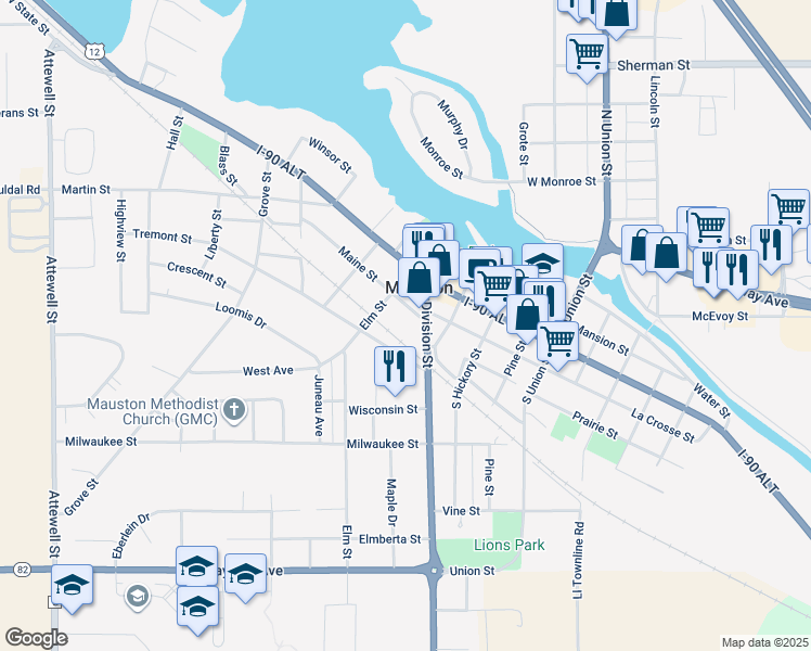 map of restaurants, bars, coffee shops, grocery stores, and more near 207 Tremont Street in Mauston