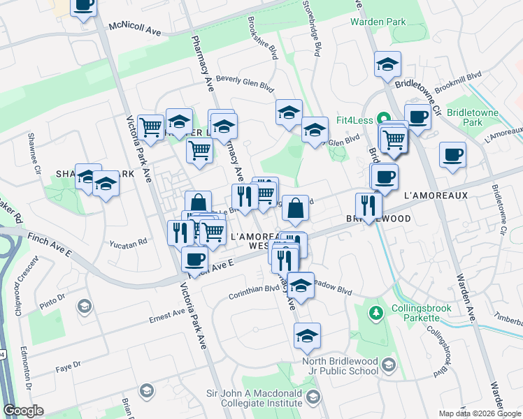 map of restaurants, bars, coffee shops, grocery stores, and more near 3079 Pharmacy Avenue in Toronto
