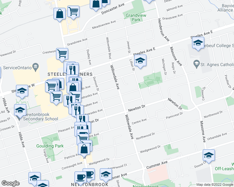 map of restaurants, bars, coffee shops, grocery stores, and more near 80 Otonabee Avenue in Toronto