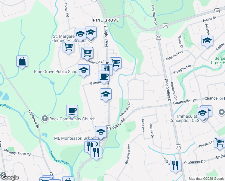 map of restaurants, bars, coffee shops, grocery stores, and more near 8331 Islington Avenue in Vaughan
