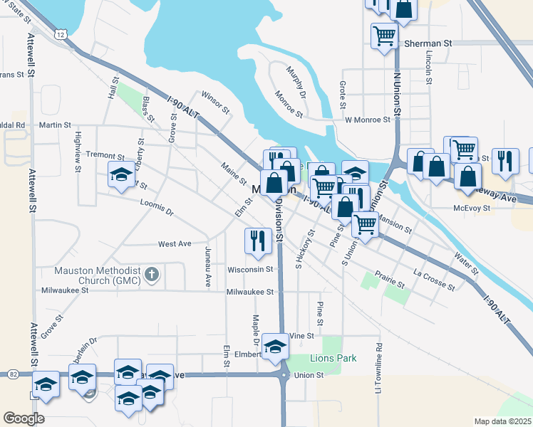 map of restaurants, bars, coffee shops, grocery stores, and more near 207 Tremont Street in Mauston