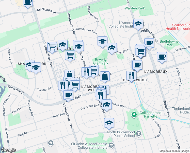 map of restaurants, bars, coffee shops, grocery stores, and more near 23 Calamint Lane in Toronto