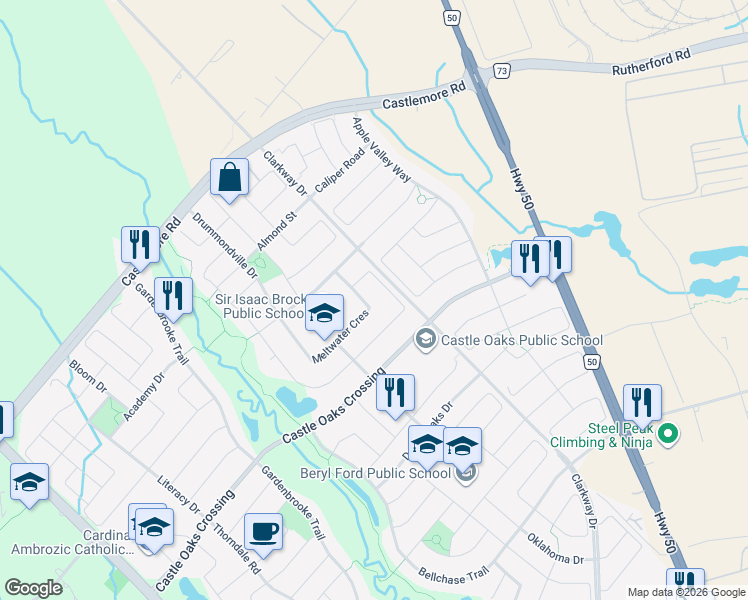 map of restaurants, bars, coffee shops, grocery stores, and more near 92 Meltwater Crescent in Brampton