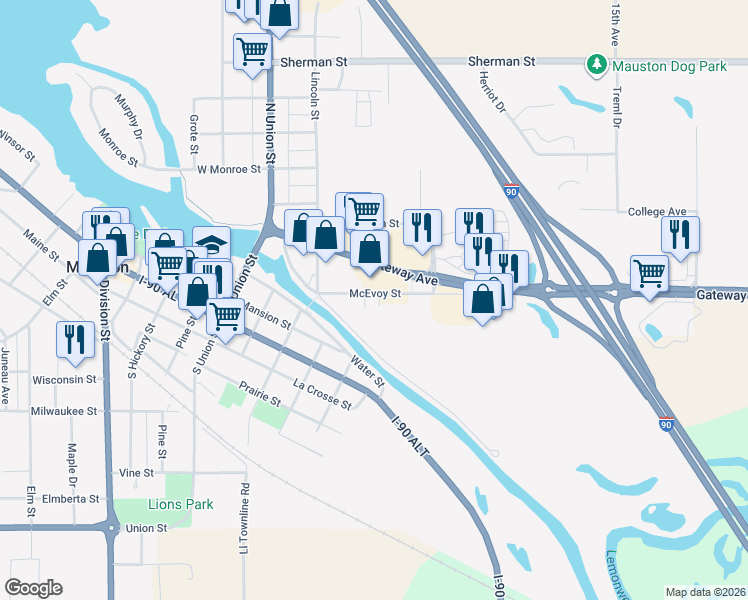 map of restaurants, bars, coffee shops, grocery stores, and more near 516 McEvoy Street in Mauston