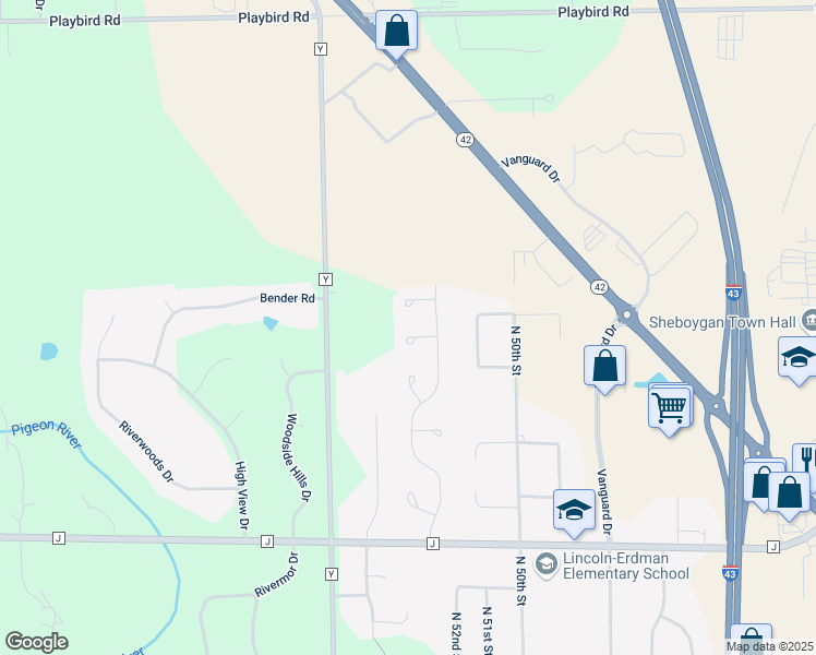 map of restaurants, bars, coffee shops, grocery stores, and more near 5327 Deer Trail Lane in Sheboygan