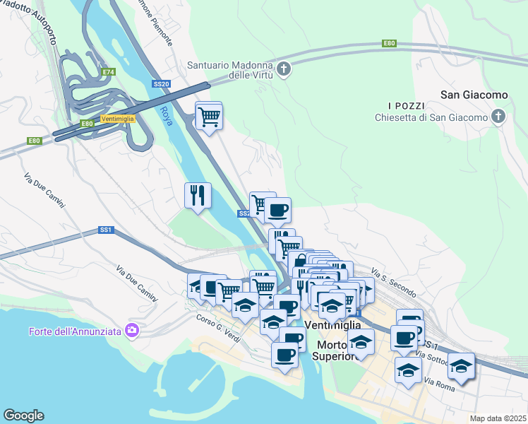map of restaurants, bars, coffee shops, grocery stores, and more near 4 Via XXV Aprile in Ventimiglia