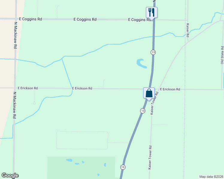 map of restaurants, bars, coffee shops, grocery stores, and more near 1888 East Erickson Road in Pinconning