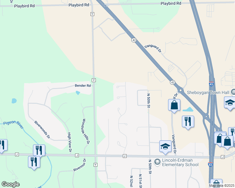 map of restaurants, bars, coffee shops, grocery stores, and more near 5327 Deer Trail Lane in Sheboygan
