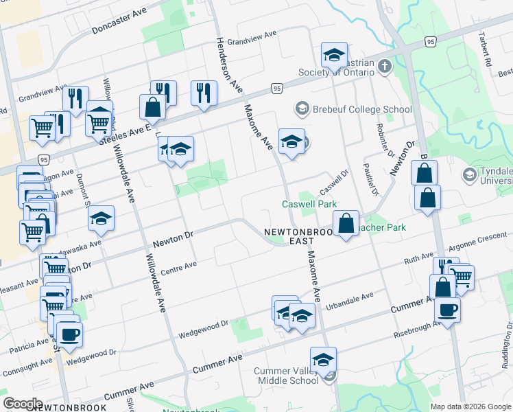 map of restaurants, bars, coffee shops, grocery stores, and more near 18 Aneta Circle in Toronto