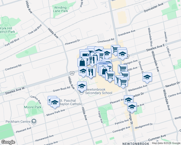 map of restaurants, bars, coffee shops, grocery stores, and more near 5 Tangreen Court in Toronto