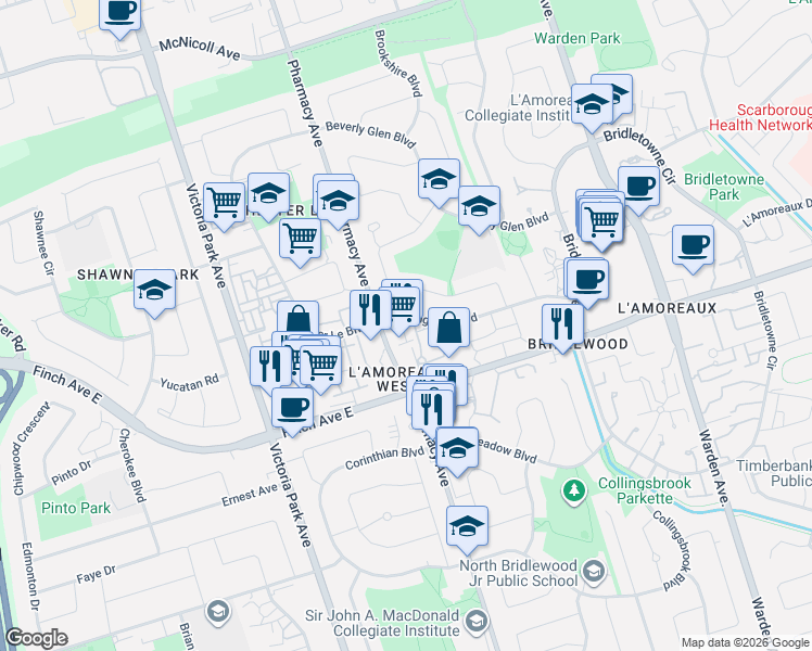 map of restaurants, bars, coffee shops, grocery stores, and more near 29 Calamint Lane in Toronto