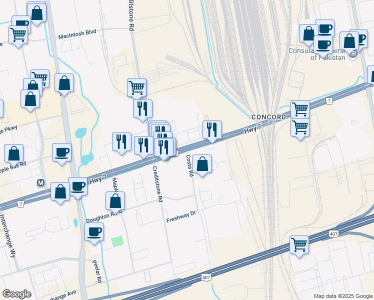 map of restaurants, bars, coffee shops, grocery stores, and more near 35 McCleary Court in Vaughan