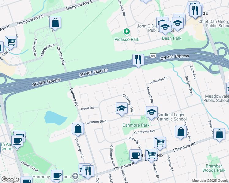 map of restaurants, bars, coffee shops, grocery stores, and more near in Toronto