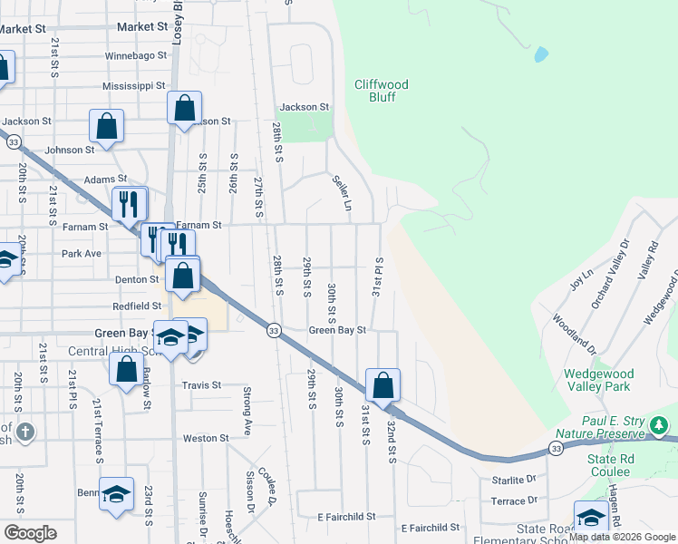 map of restaurants, bars, coffee shops, grocery stores, and more near 1409 30th Street South in La Crosse
