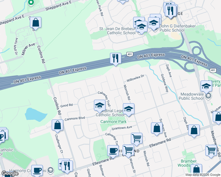 map of restaurants, bars, coffee shops, grocery stores, and more near 68 Grover Drive in Toronto