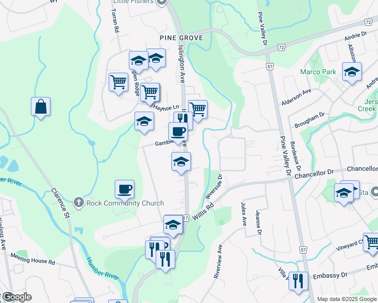 map of restaurants, bars, coffee shops, grocery stores, and more near 8337 Islington Avenue in Vaughan