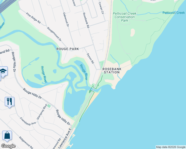 map of restaurants, bars, coffee shops, grocery stores, and more near 335 Dyson Road in Pickering