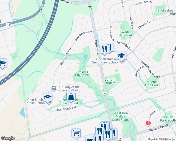 map of restaurants, bars, coffee shops, grocery stores, and more near 16 Jason Street in Vaughan