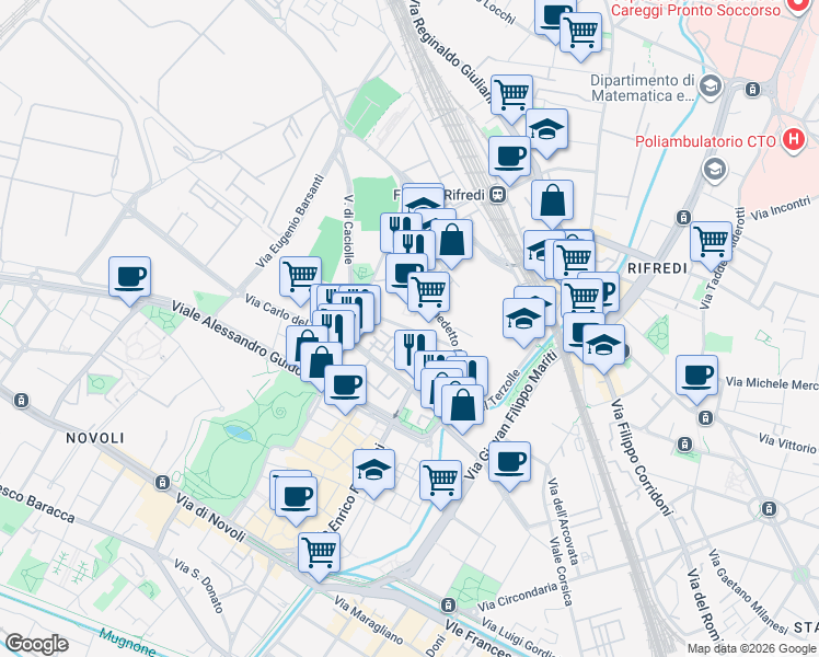 map of restaurants, bars, coffee shops, grocery stores, and more near 35 Via Benedetto Dei in Firenze