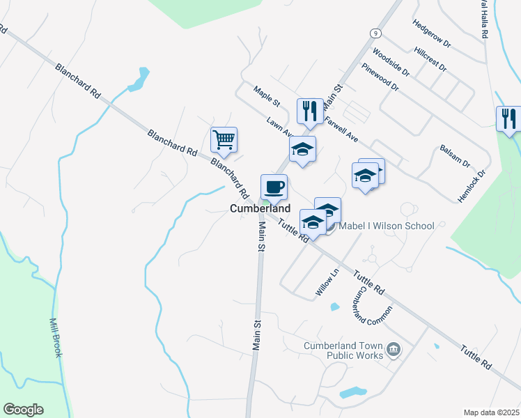 map of restaurants, bars, coffee shops, grocery stores, and more near in Cumberland