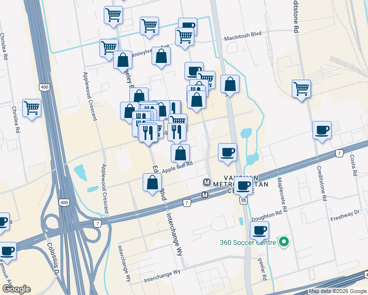map of restaurants, bars, coffee shops, grocery stores, and more near 5 Buttermill Avenue in Vaughan